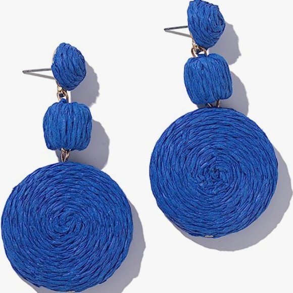 Chunky Blue Rattan Earrings Wicker Bold Statement Wicker Dangle 80s Retro New - Picture 2 of 7